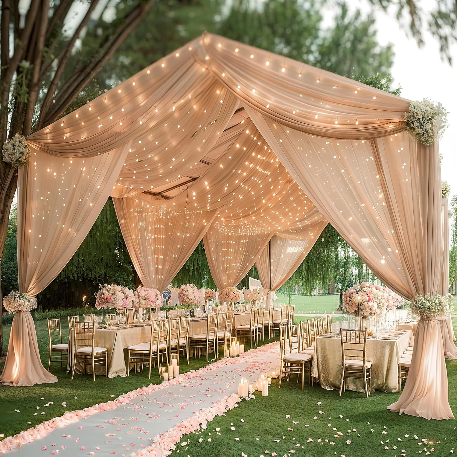 10Ft Champagne Ceiling Drapes w Lights – 6 Panels for Wedding Arch Curtains