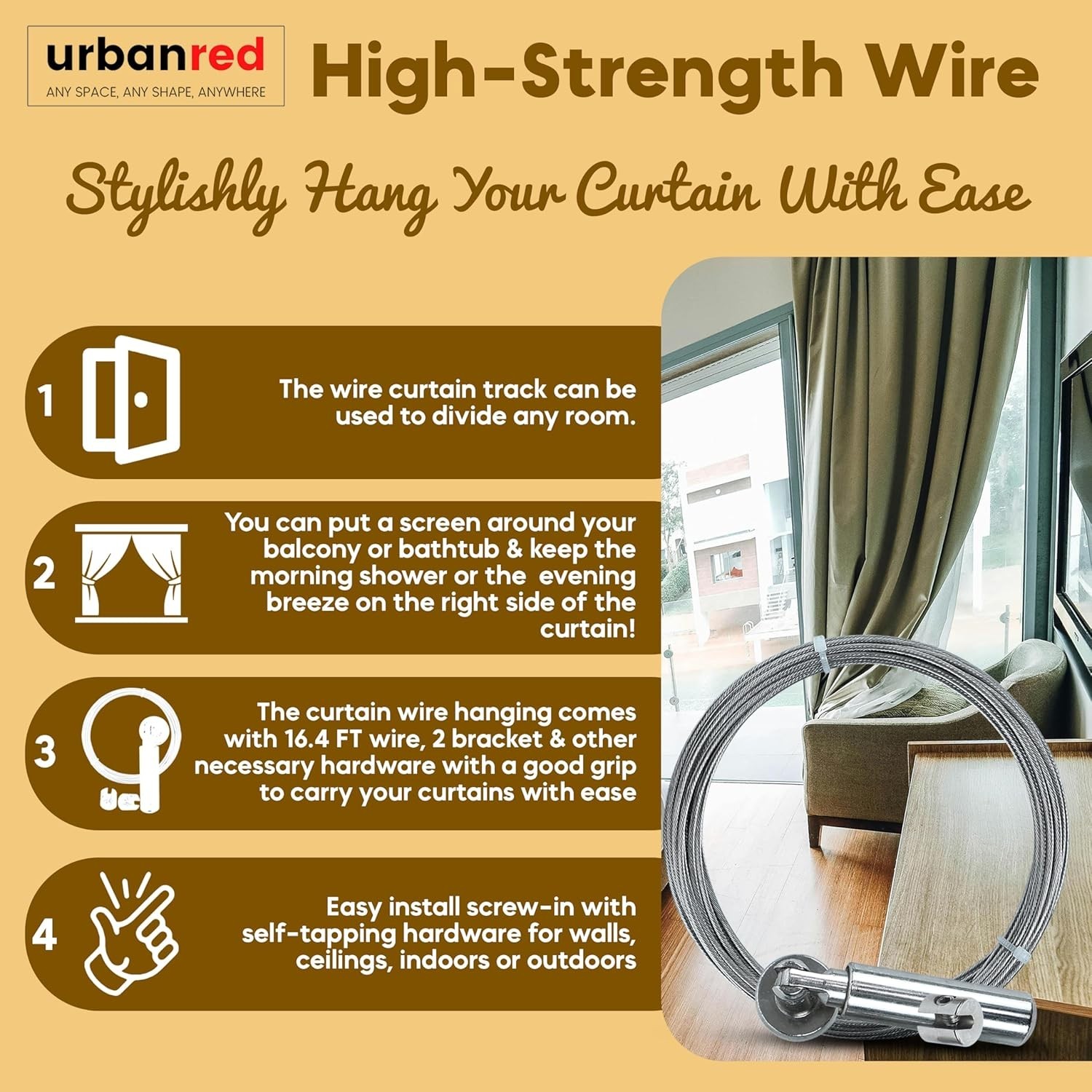 16.4ft Adjustable Indoor Outdoor Wire Curtain Rod Room Divider Hanging System