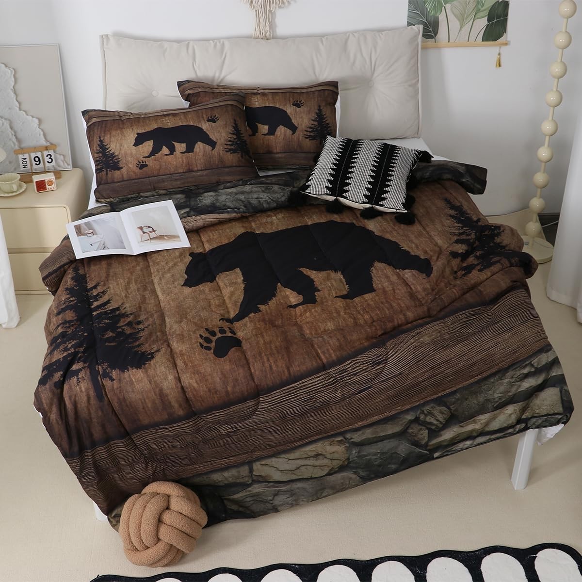 Rustic Bear Comforter Set Queen Size,Wild Animal Queen, Brown