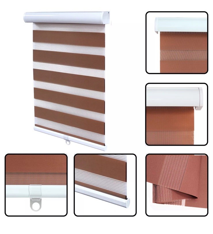NEW Cordless Dual Layer Zebra Roller Window Blind Shade 35”W x 72” L WOOD BROWN
