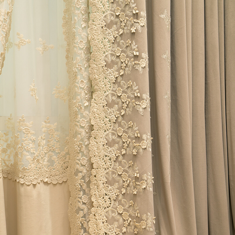 Upscale American embroidered flannelette beige velvet cloth curtain drape C1405*