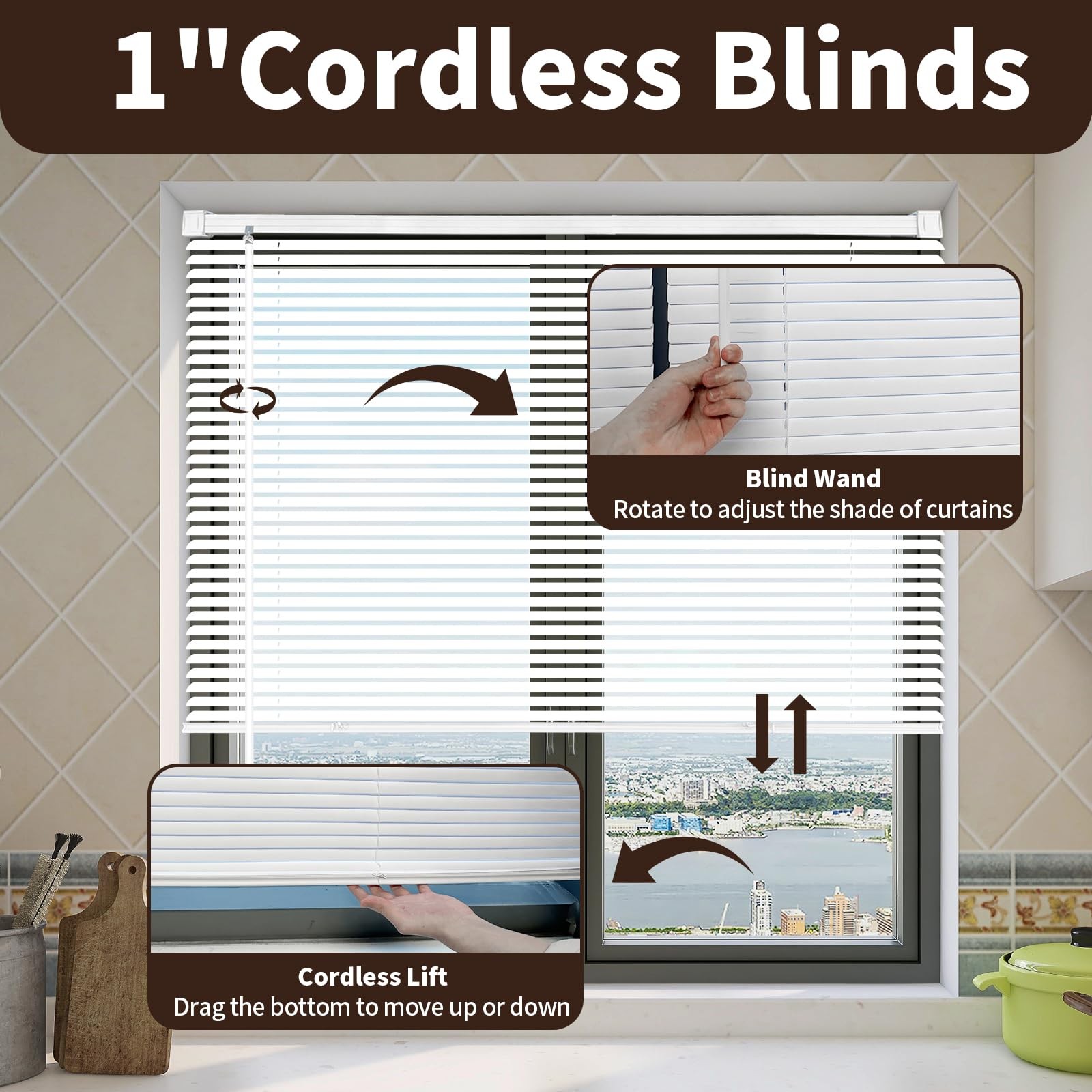 1″ Cordless Mini Blinds 20″ W x 36″ H, White Vinyl Blinds, Horizontal Light F…