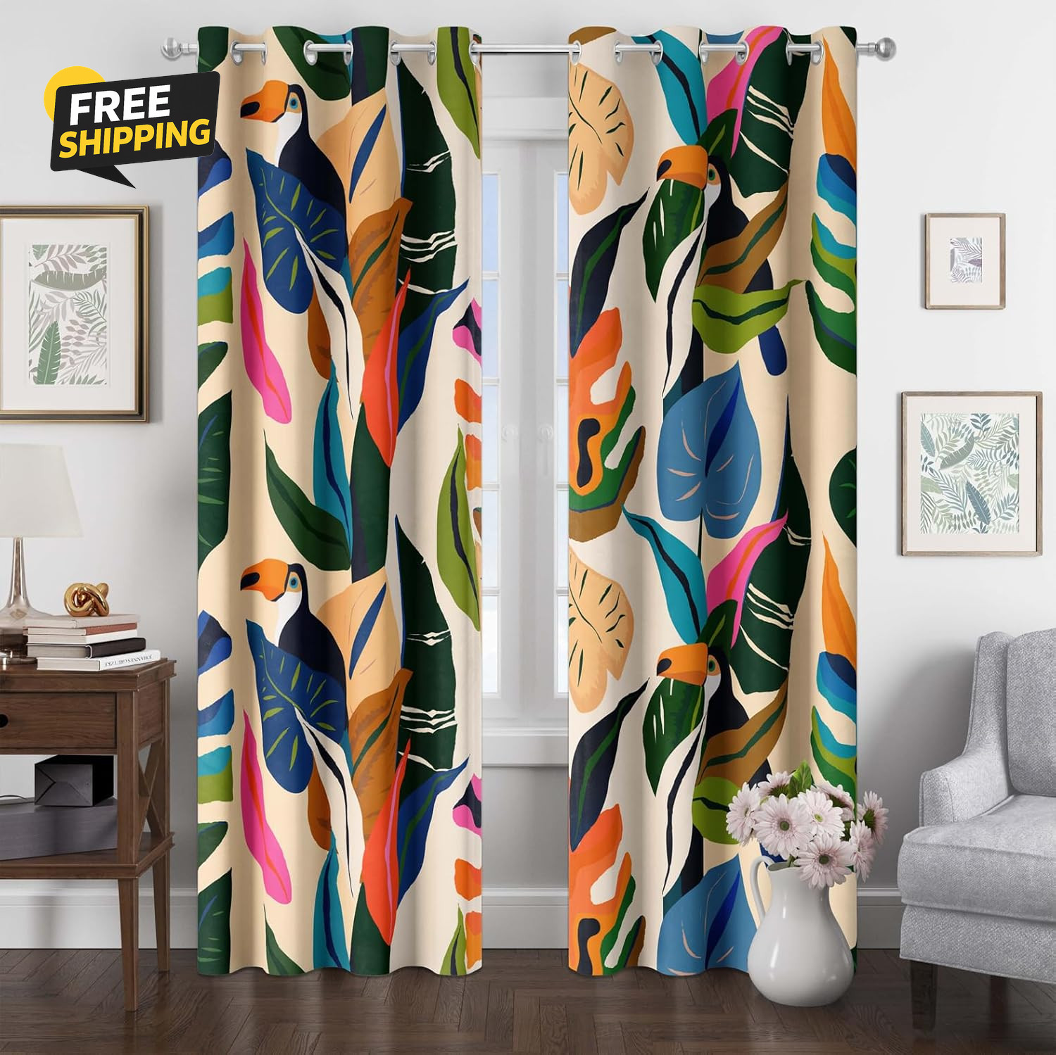 Colorful Tropical Plant Curtains Abstract Palm Leaf Window Treatments 84 Inch