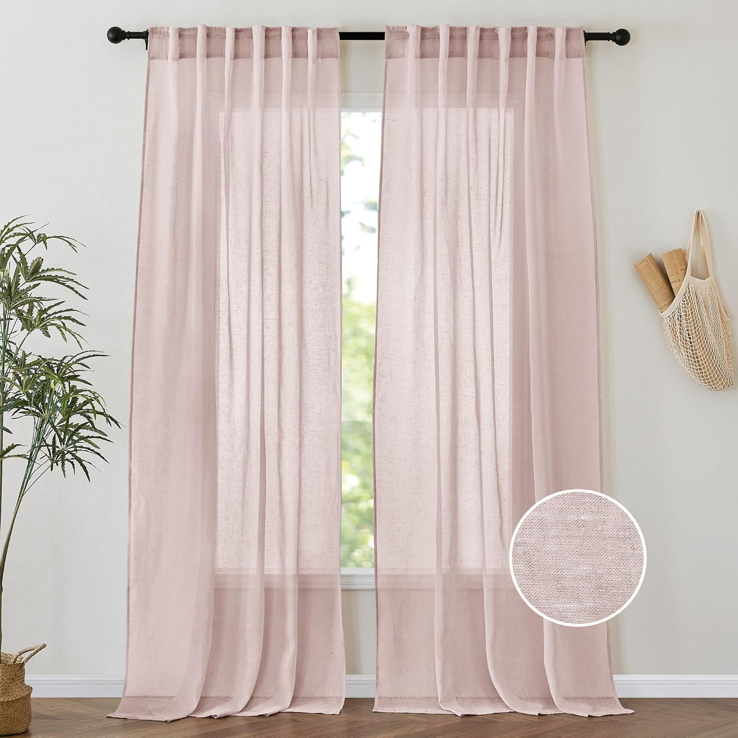 Natural Linen Back Tab Curtains 84 Inch Length for Living Room 2 Panel Pocket Dr