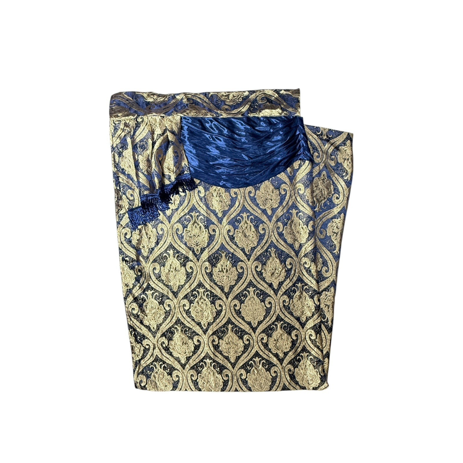 Single Gold Blue Jacuard Curtain Panel Damask Printed Attached Valance Luxury