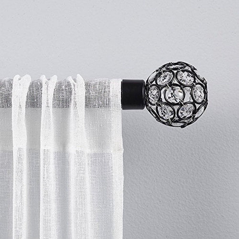 Matte Black Adjustable Curtain Rod Set W/ Faux Crystal Finials 66-120 Inch New