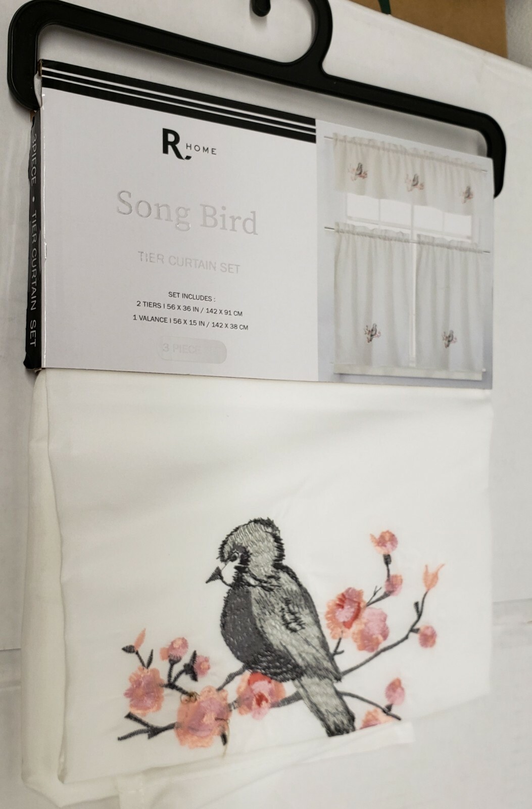 3pc Embroidered Kitchen Curtains Set:2 Tiers (28″x36″) & Valance(56″x15″)BIRD,RH