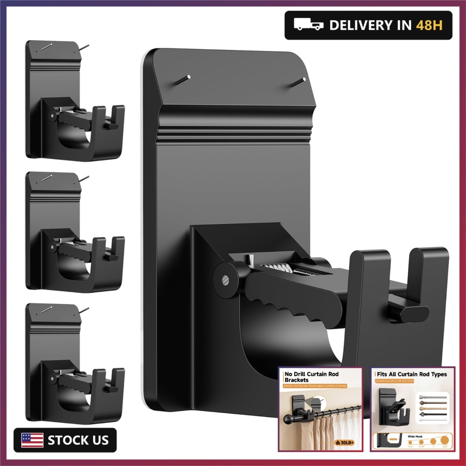 Universal Heavy Duty Curtain Rod Brackets, No Drill Curtain Rod Brackets with Ad