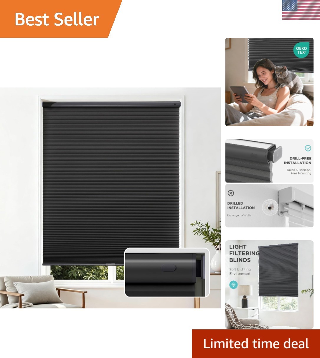 Thermal Insulating Honeycomb Blinds – 35” W x 64” H, No Drill & Noise Reducing
