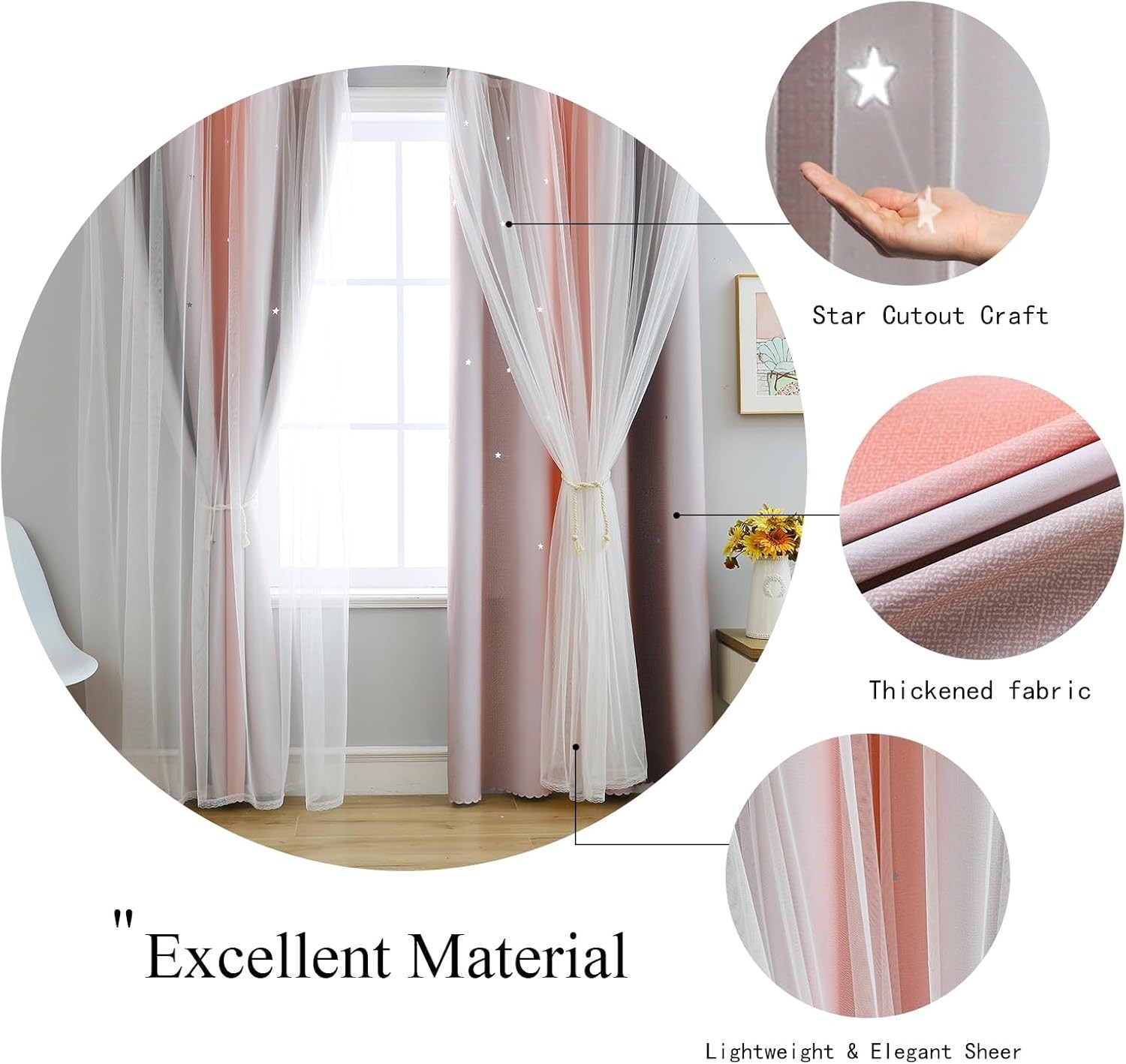 Cortinas opacas para dormitorio infantil con diseño de estrellas rosas de 84 pul