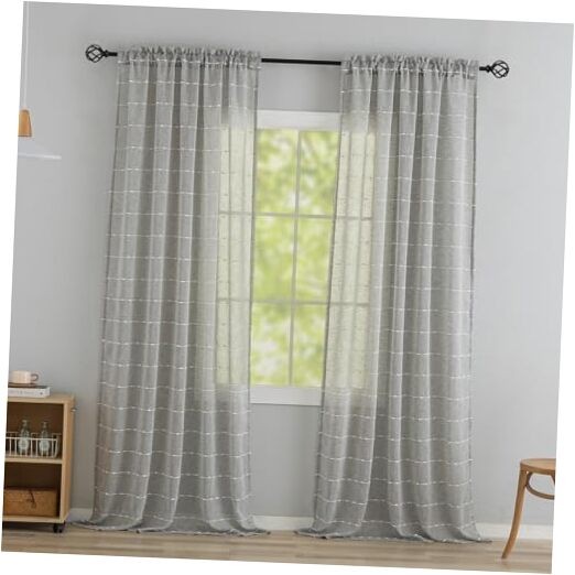 Light Gray Pom Pom Sheer Curtains 96 Inches Long 52″W x 96″L (Pack of 2) Grey