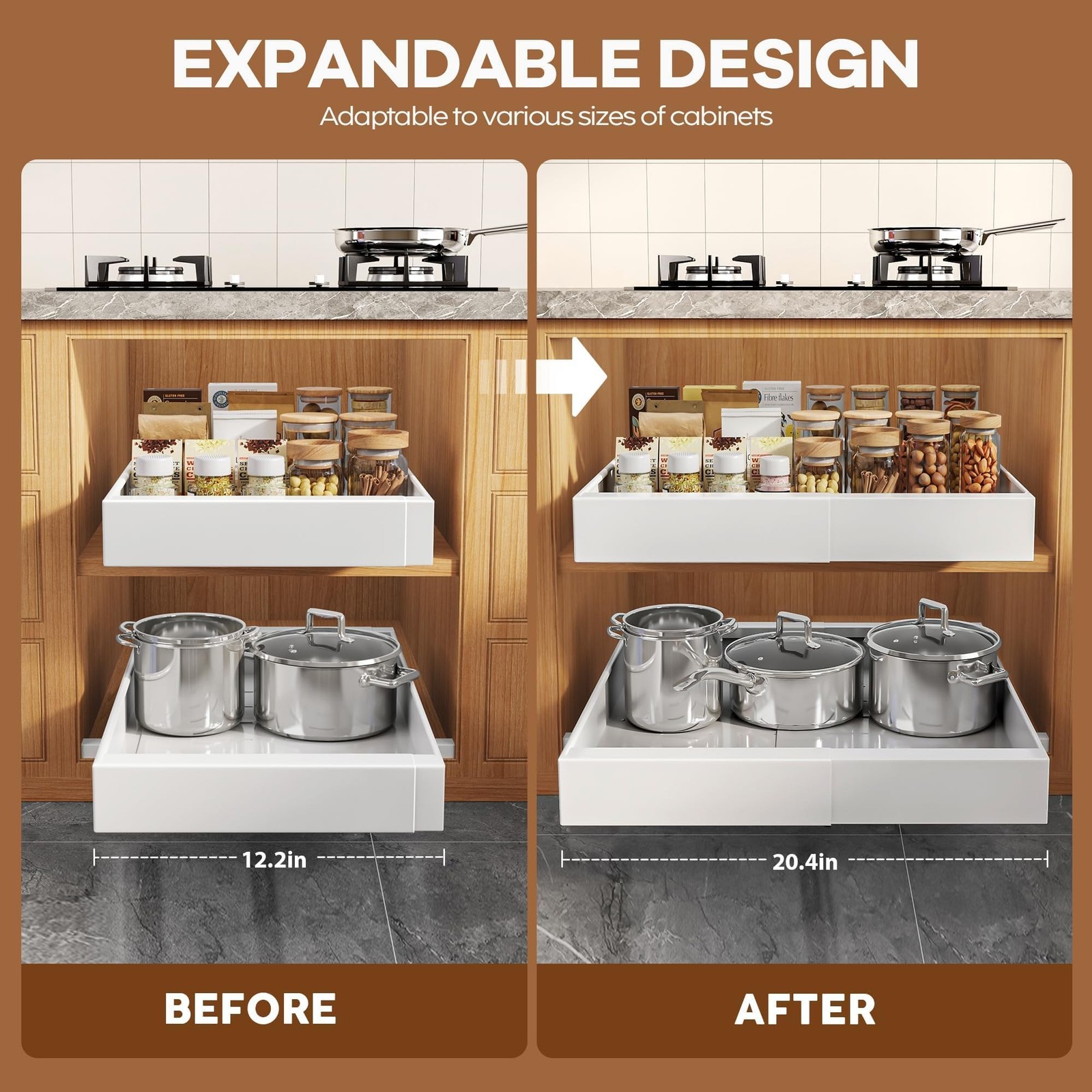 Seinloes 2 Pack Expandable Pull Out Cabinet Organizer 16.5″Deep with Raising …