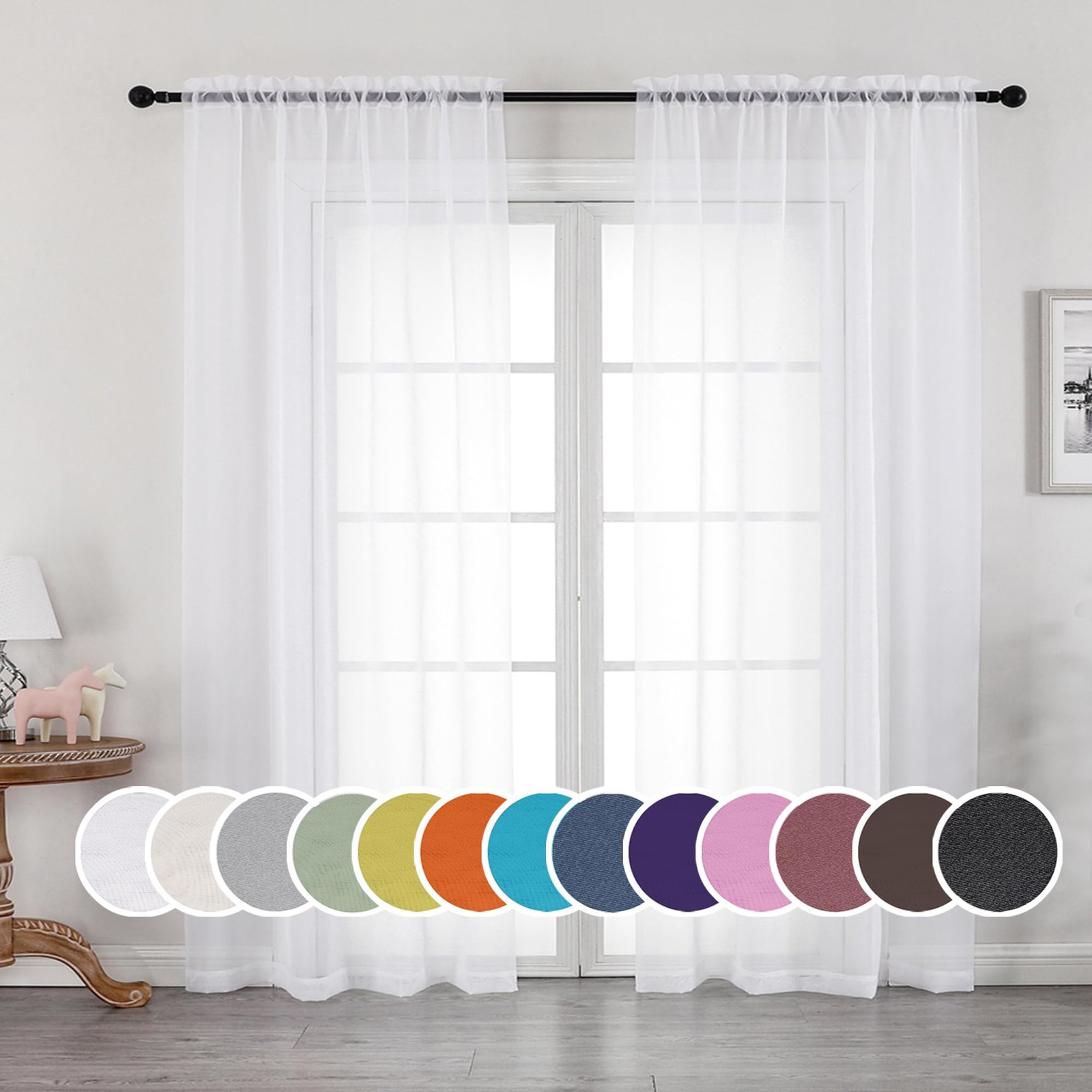 Sheer White Curtains, Sheer Curtains 90 inches Long 2 Panels Set, Rod Pocket