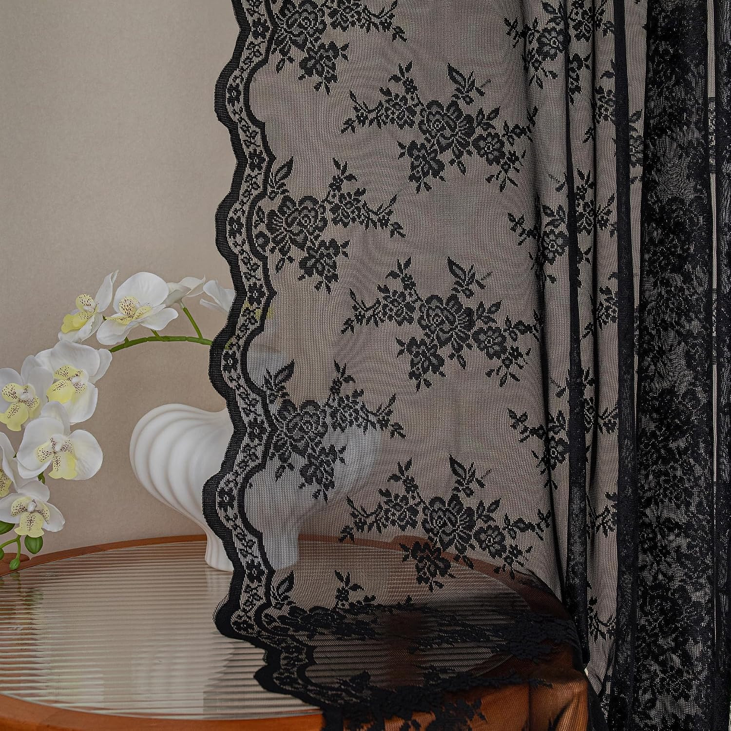 Black Lace Curtains 63 Inch Length 2 Panels Set, Victorian Vintage Gothic Sheer