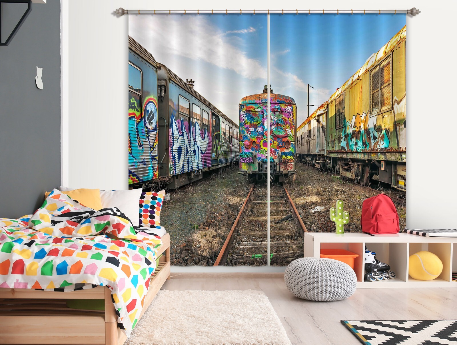 3D Graffiti Train A4312 Transport Photo Curtain Window Blockout Fabric Amy 2023