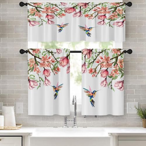 Flower Bird Kitchen Curtains Spring Butterfly Window Curtains Valance and Tier