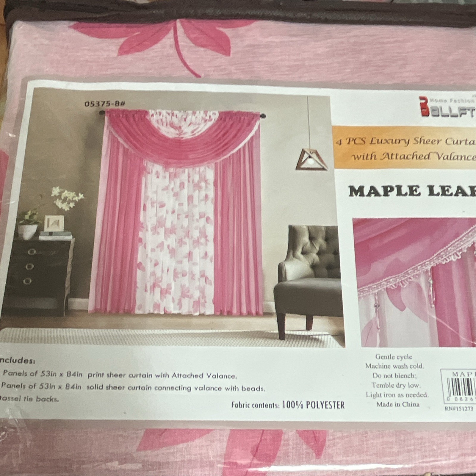 Home Fashion Pink/White Sheer Floral Curtain & Pelmet Set 53×84 Rod Pocket