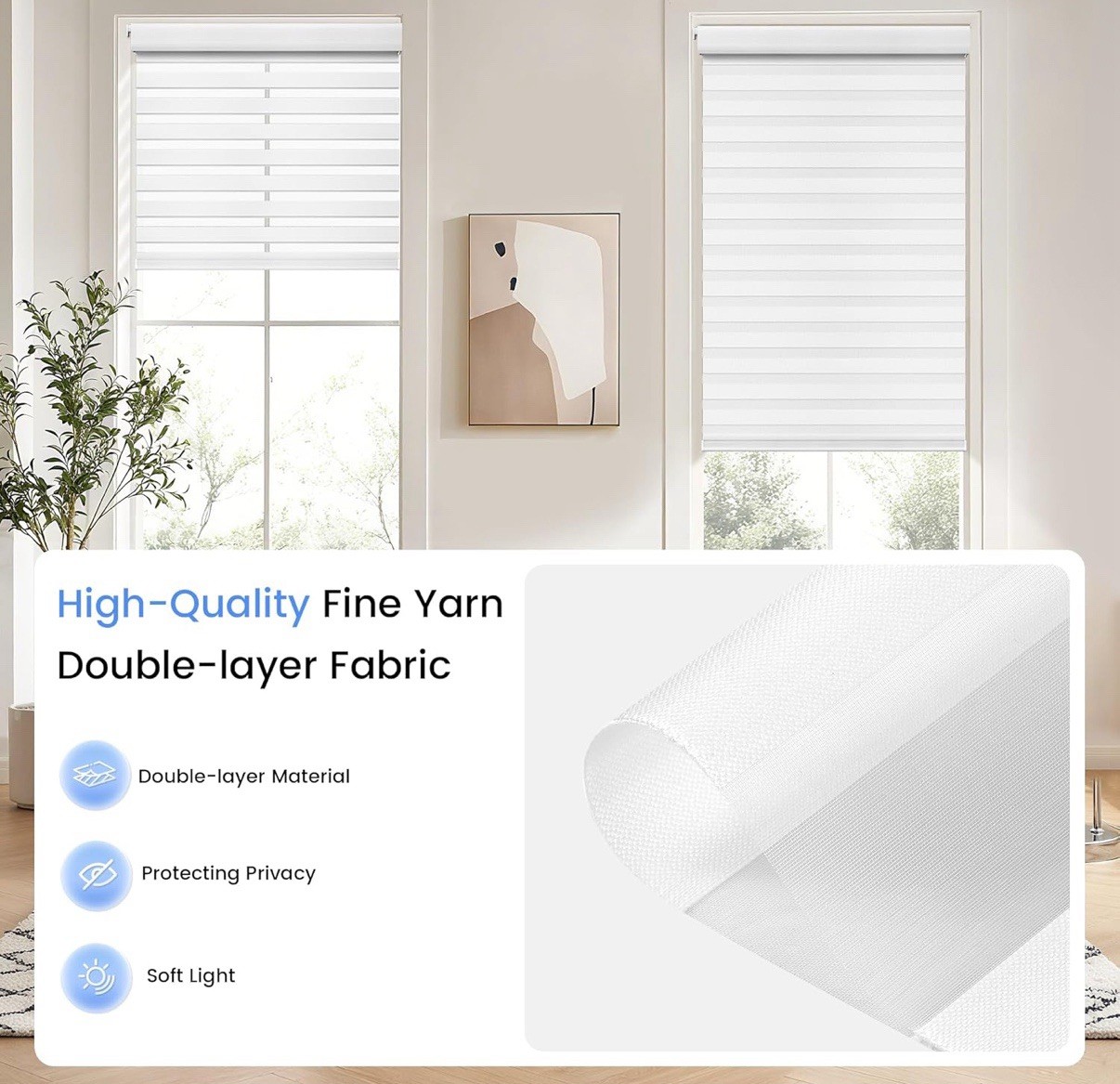 White, 34” x 64” Cordless Zebra Blind Dual Layer Light Filtering Privacy Shades