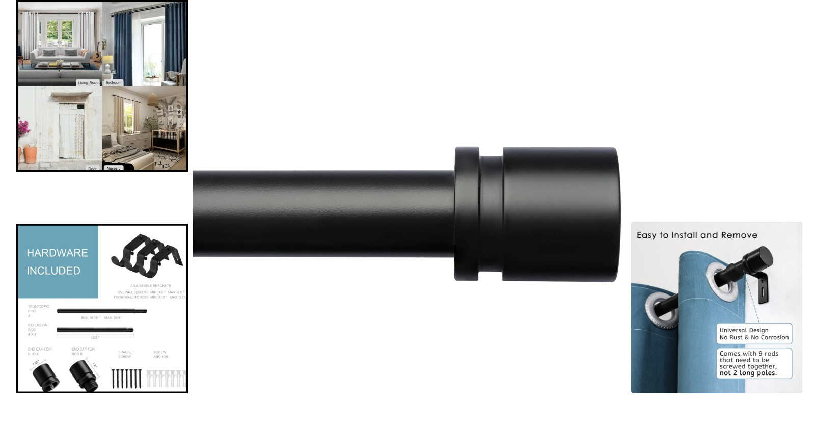 Heavy-Duty Black Curtain Rods | Adjustable from 16 to 144 Inches | Metal Finials