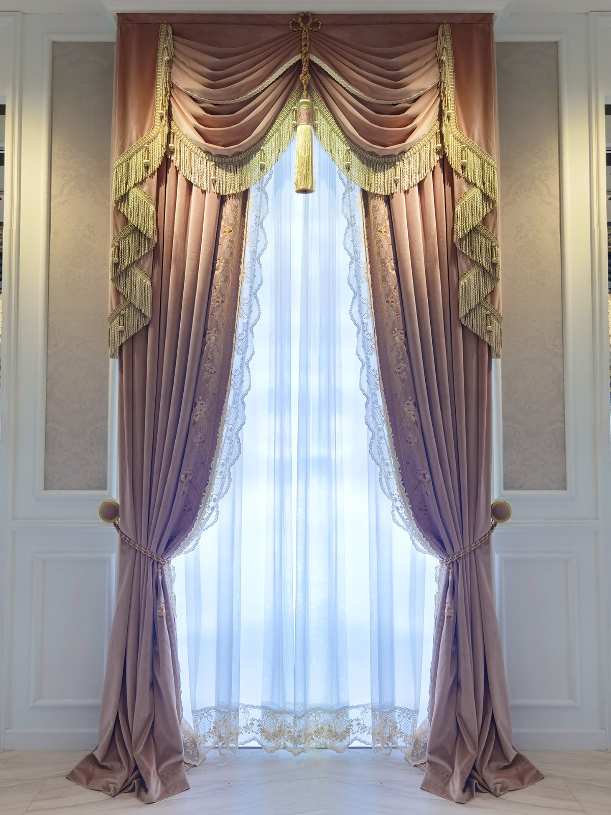 luxury European Embroidery valance pink lace bedroom Velvet curtain tulle M1776