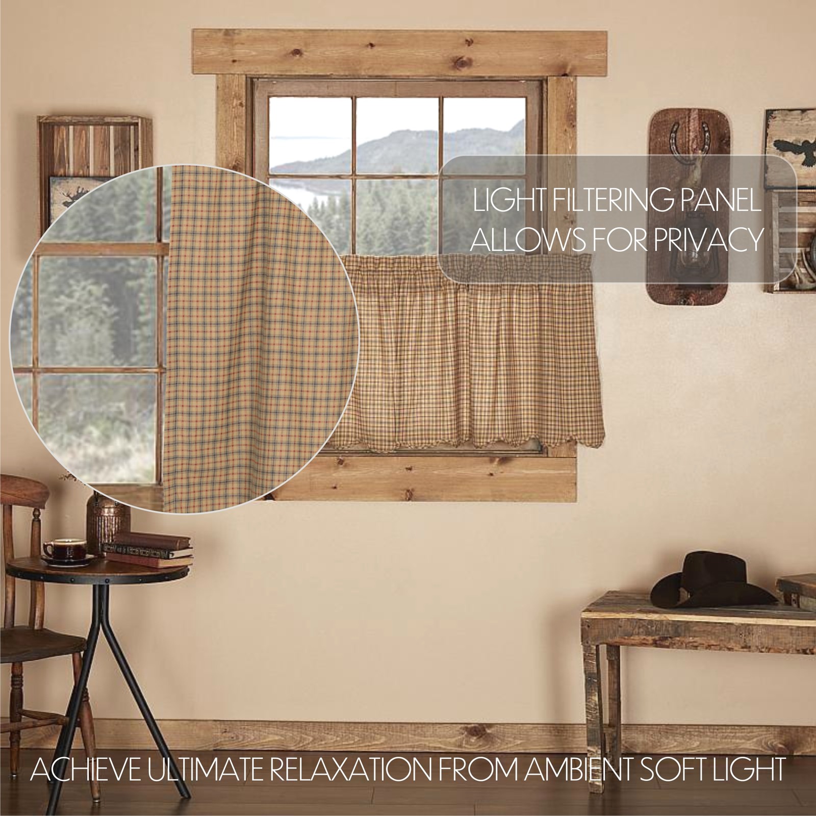Rustic 24″x36″ Tier Pair Tan Rod Pocket Plaid Kitchen Window Curtains VHC Brands