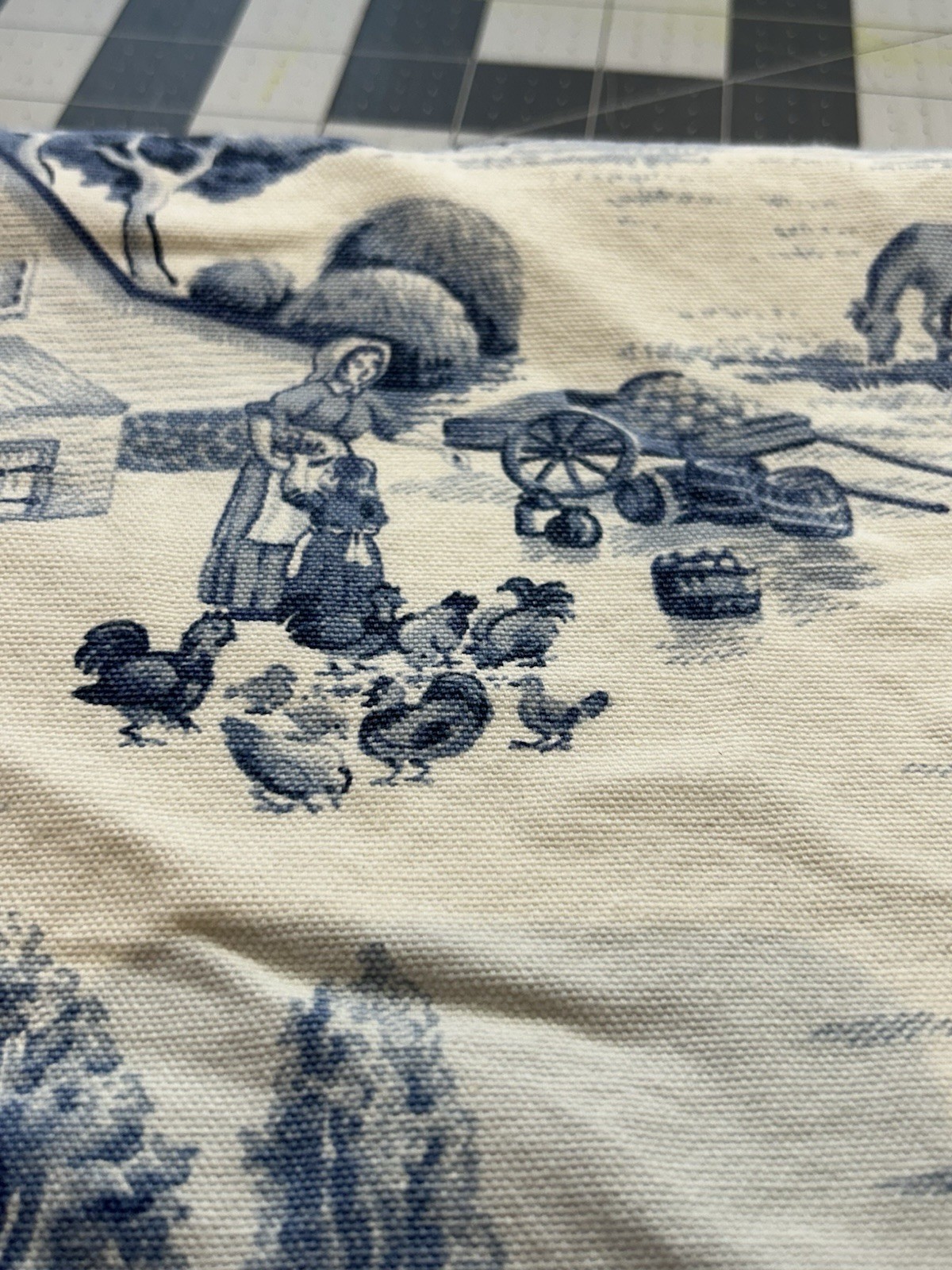 Blue White Farm Toile Fabric Curtains 2 Panels Farm house Country 49″ x 20″ L8