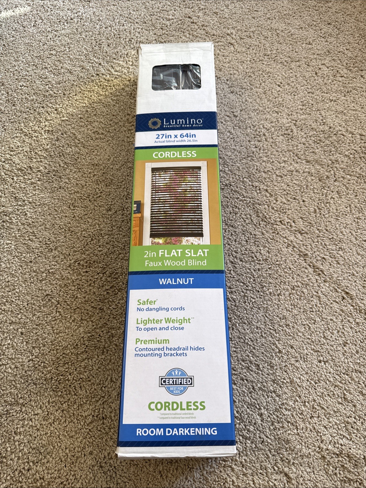 LUMINO 27” X 64” Cordless 2” Flat Slat Faux Wood Blind Walnut NEW! NEVER USED