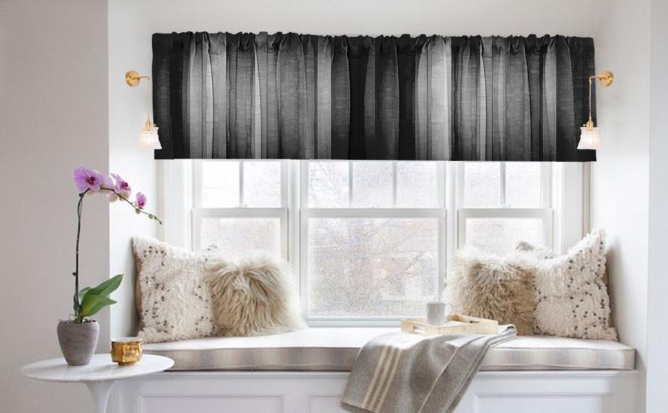2 Pack Dark Grey Valances Window Treatments, Gray Striped Abstract Blackout