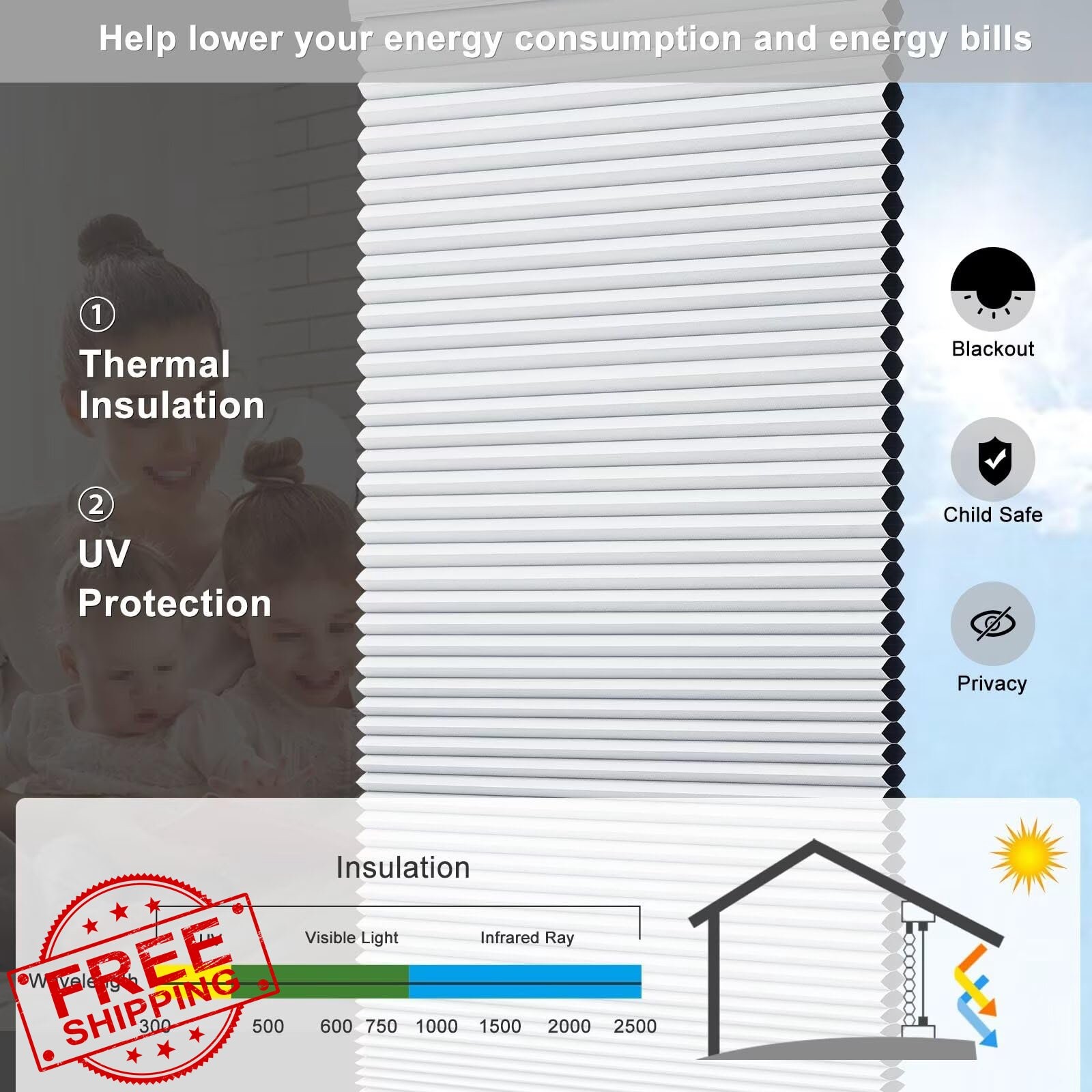 Changshade Blackout Cellular Blinds White 46″W x 72″H Honeycomb Shades