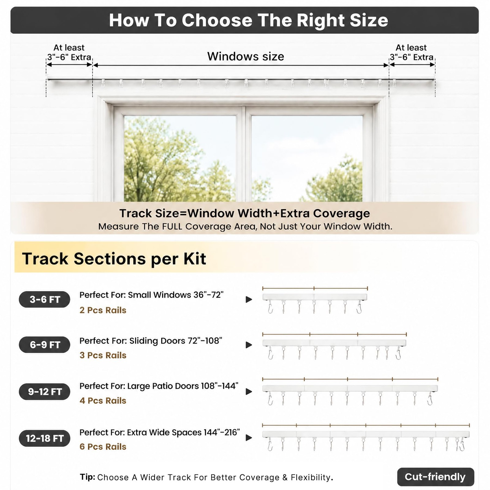 Ceiling/Wall Mount Curtain Track Rod Set with Hooks, 6ft – 9ft Adjustable Len…