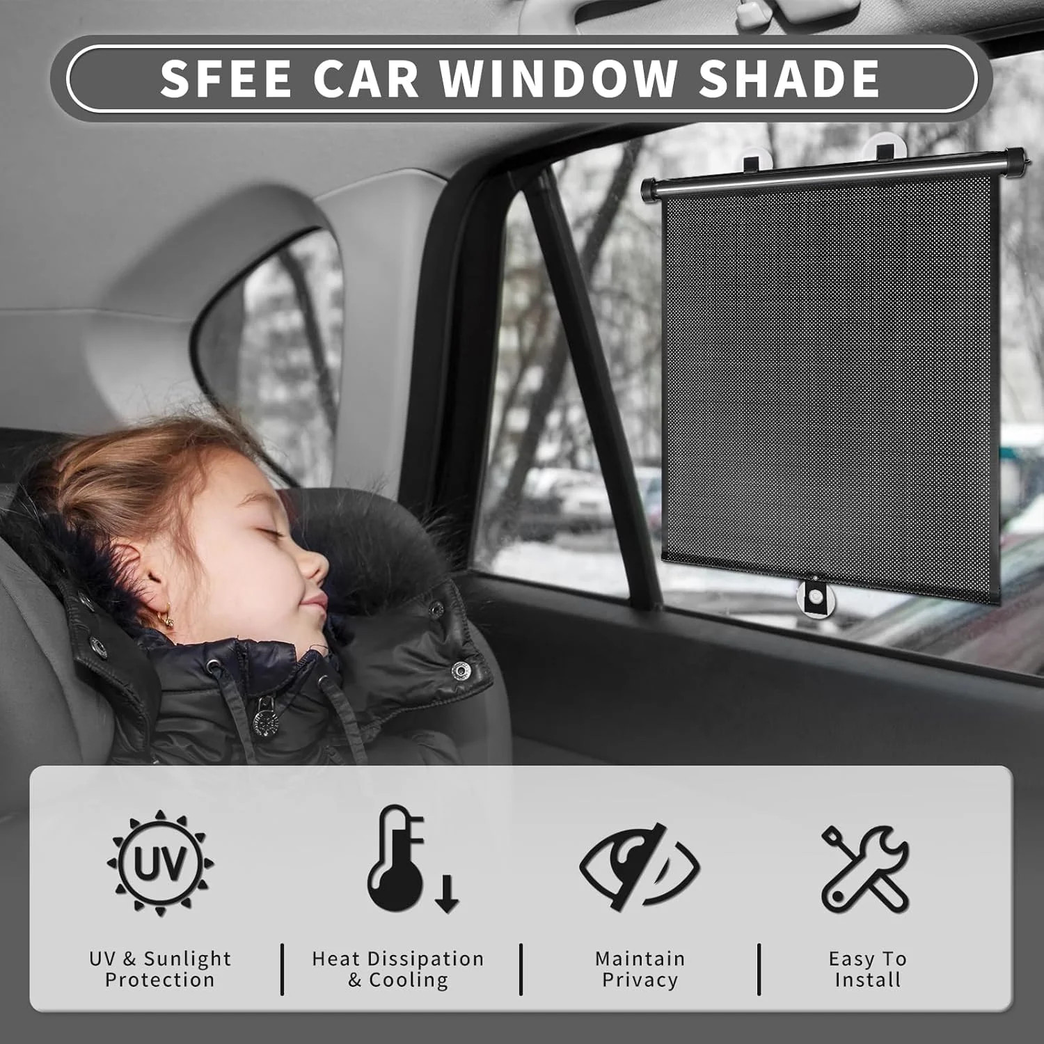 Sfee Car Window Shade for Side Windows, 2 Pack Sun Shade Retractable for Car Blo