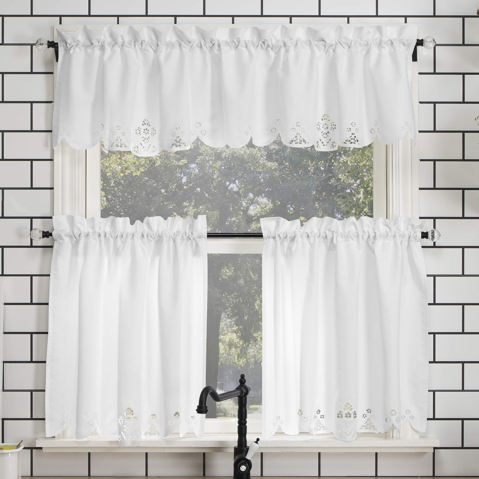 Mariela Floral Trim Semi-Sheer Rod Pocket Kitchen Curtain Valance and Tiers S…
