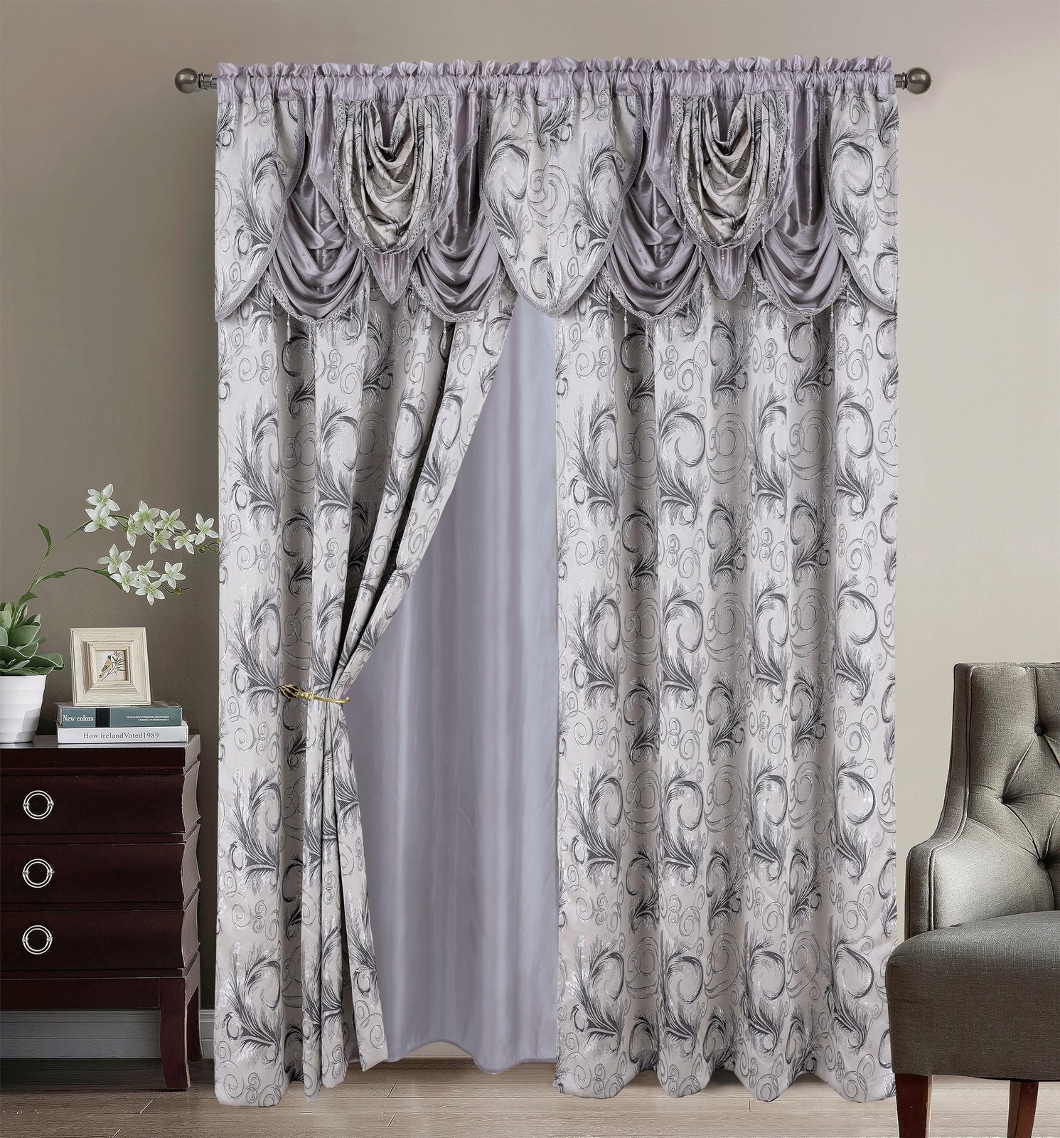 Jacquard Curtain Panel Set 54×84 Silver Gray Valance Lined Bedroom Living Roo…