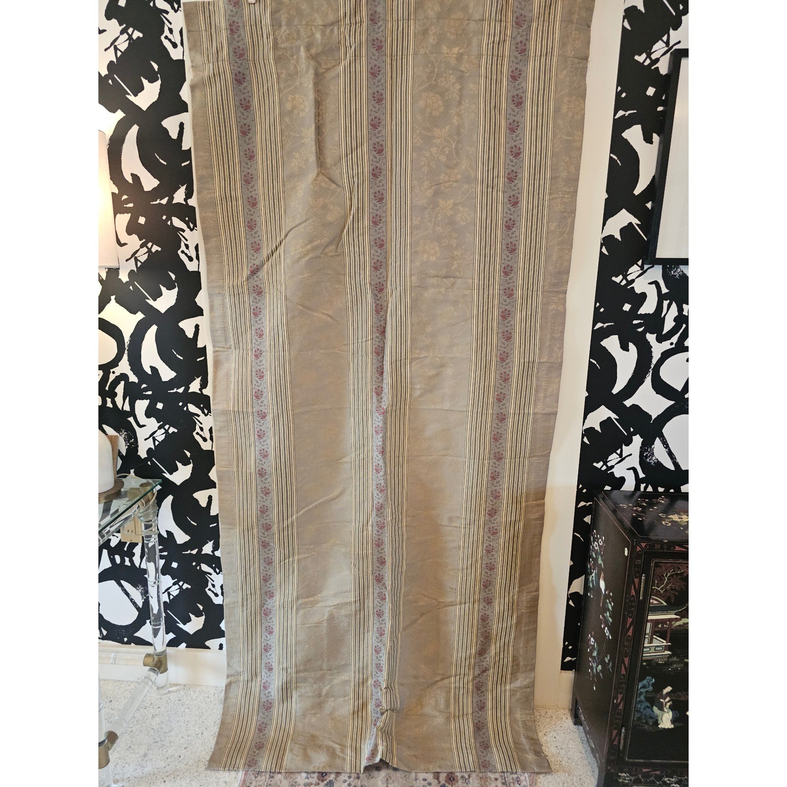 Vintage 90s Wamsutta Lined WindowCurtain Panel 80×84 Floral Damask Striped Taupe