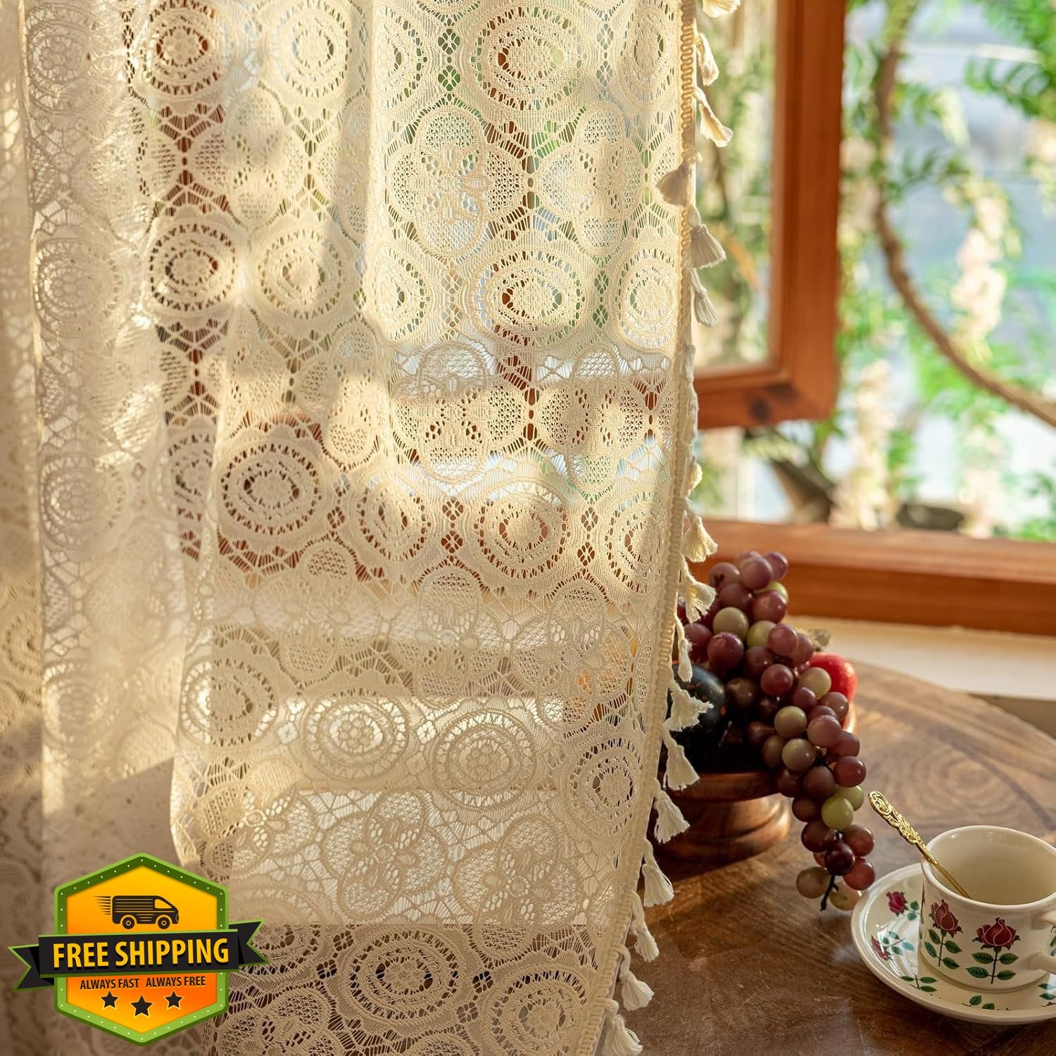 YJ YANJUN Beige Boho Lace Curtains, 108″ L, 2 Panels, Tassel Drapes