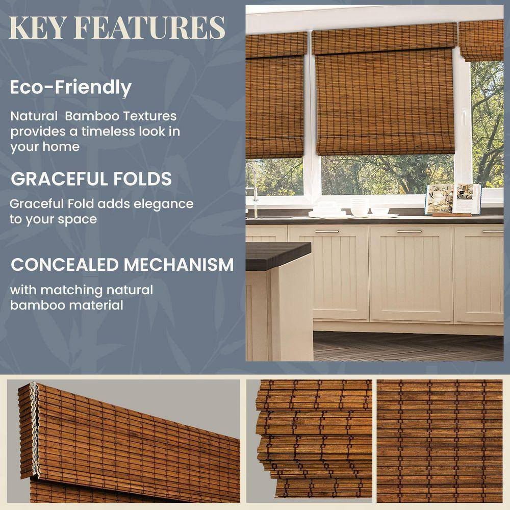 Natural Woven Light Filtering Cordless Bamboo Roman Shades for Windows, 47 In. W