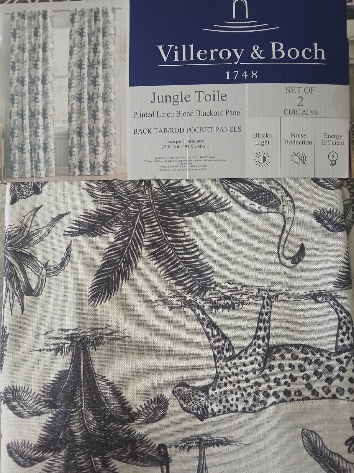 Villeroy & Boch Jungle Toile Curtains Drapes Set of 2 37×96 Gray White Blackout