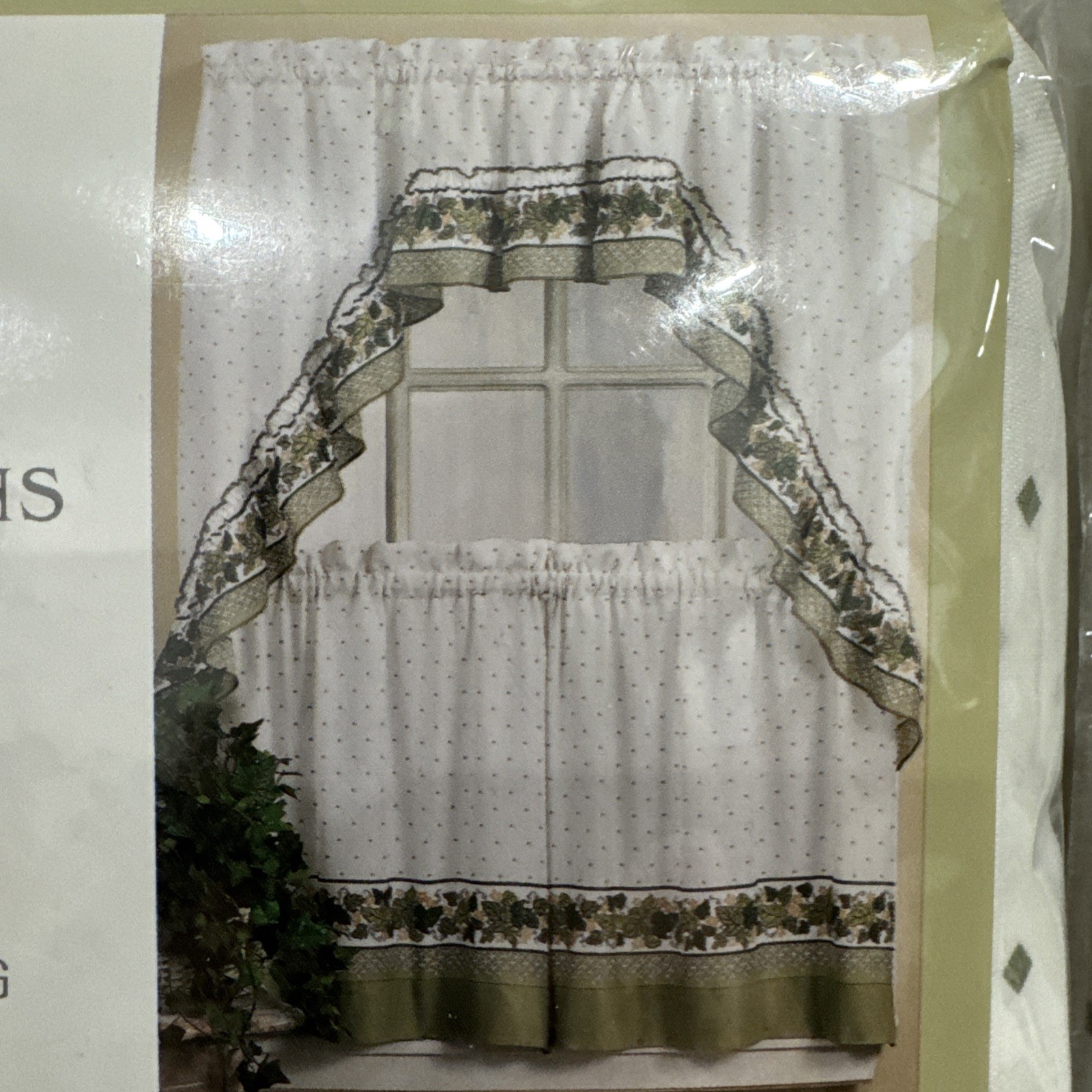 CHF Window Curtains Cottage Ivy Tailored Tier And Swag Set 56” x 36” Long (2)