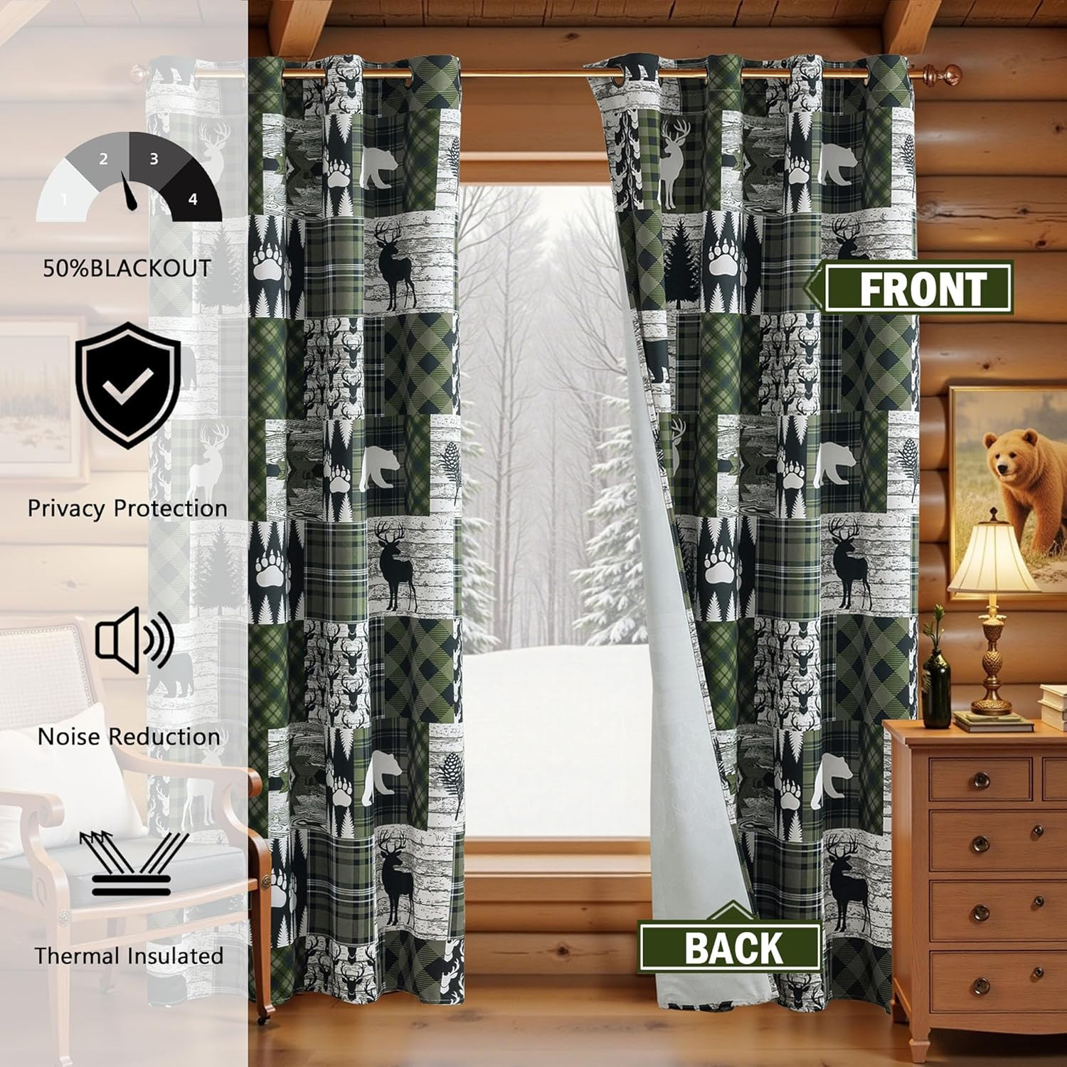 Dark Green Rustic Cabin Curtains 2 Panels Country Curtain 50% Light Blocking Dar