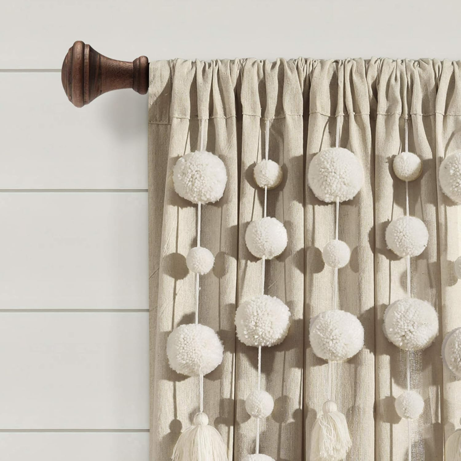 Boho Pom Pom Tassel Linen Textured Window Curtain Panel 52″ W X 95″ L