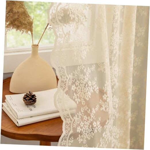 Lace Sheer Curtains 96 inches Long 2 Panels 52″W x 96″L (Pack of 2) Beige