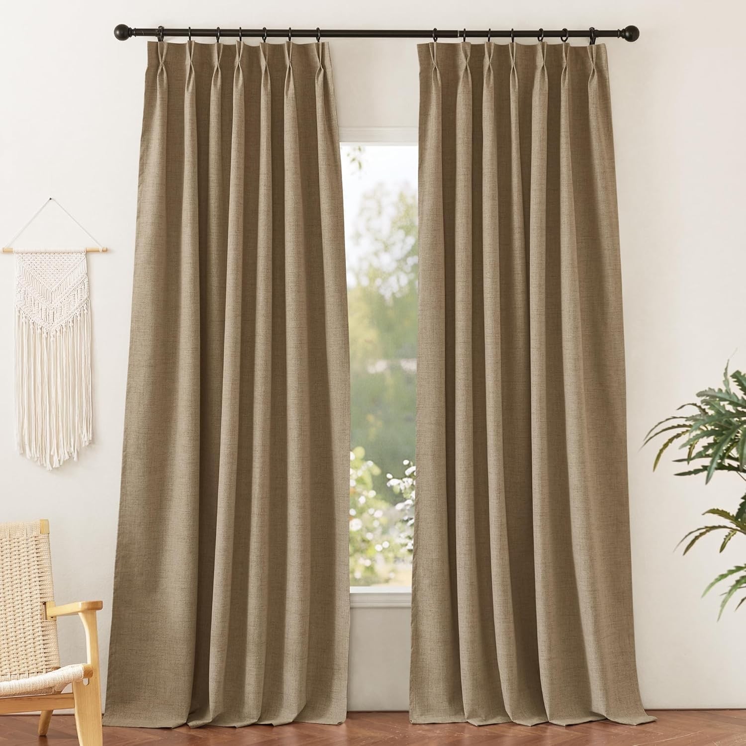 Pinch Pleated Back Tab Curtains Linen Textured 100% Blackout Curtains Thermal In