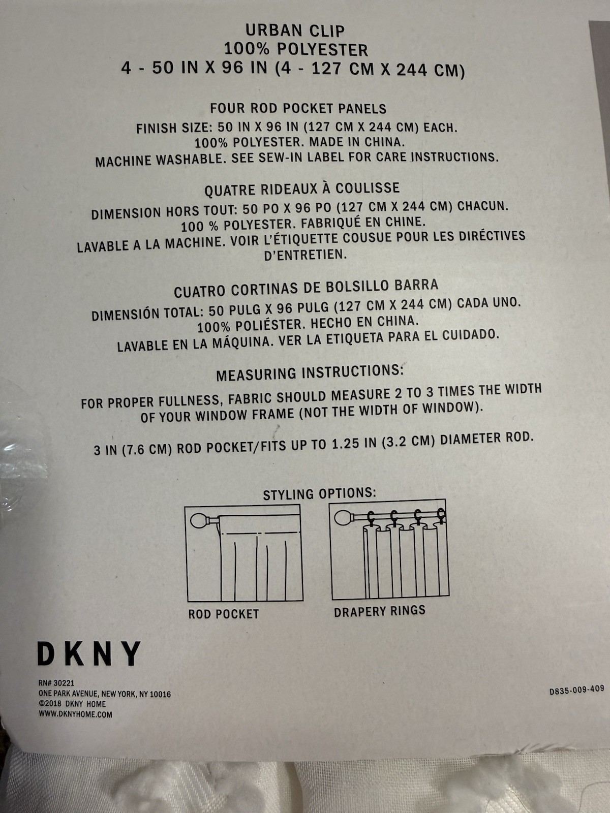 DKNY Ella 2 PAIR NEW Sheer Curtain Panels – 96 Inches Long – Original Package