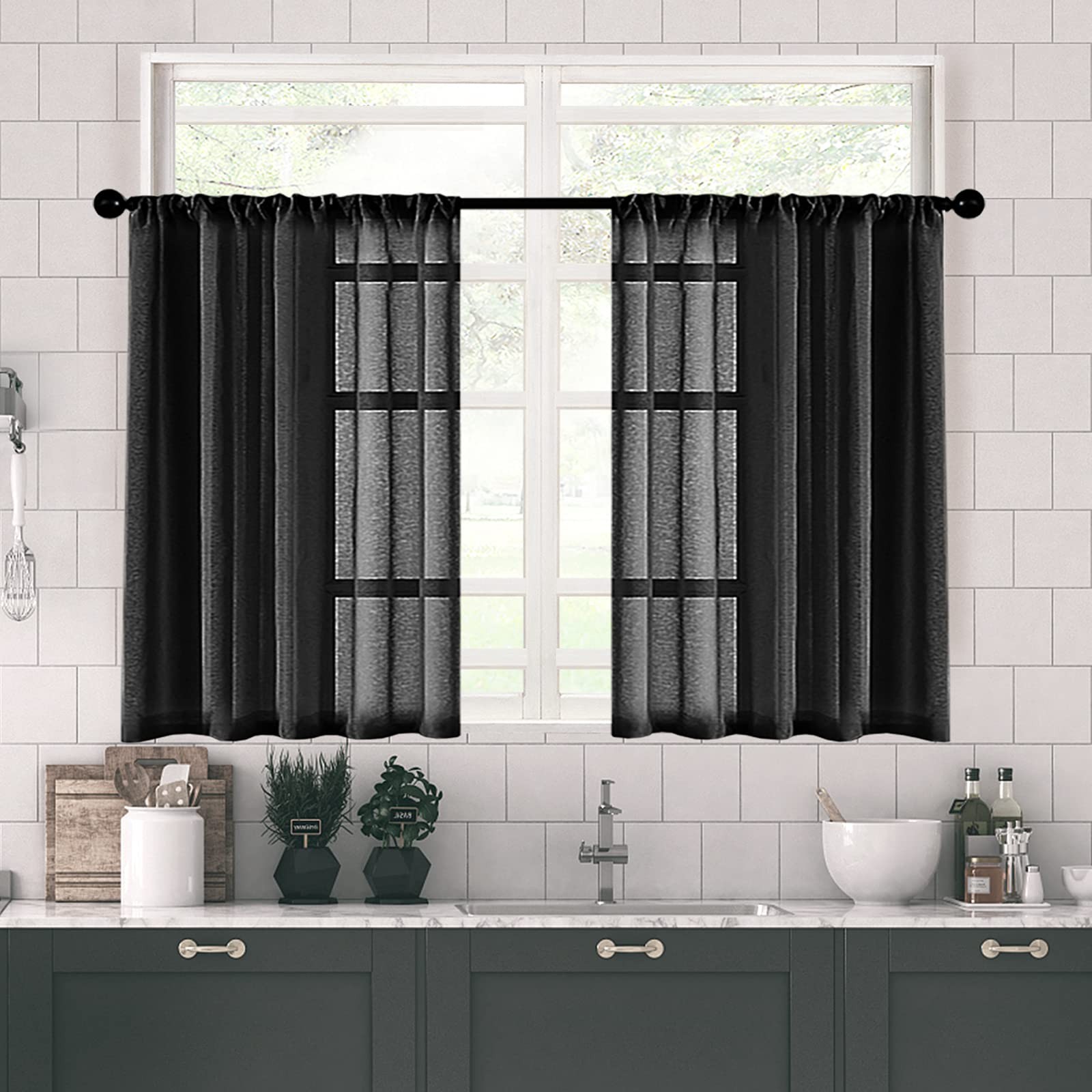 Sheer Tier Curtains Black Short Kitchen Curtains Transparent Light Filtering …