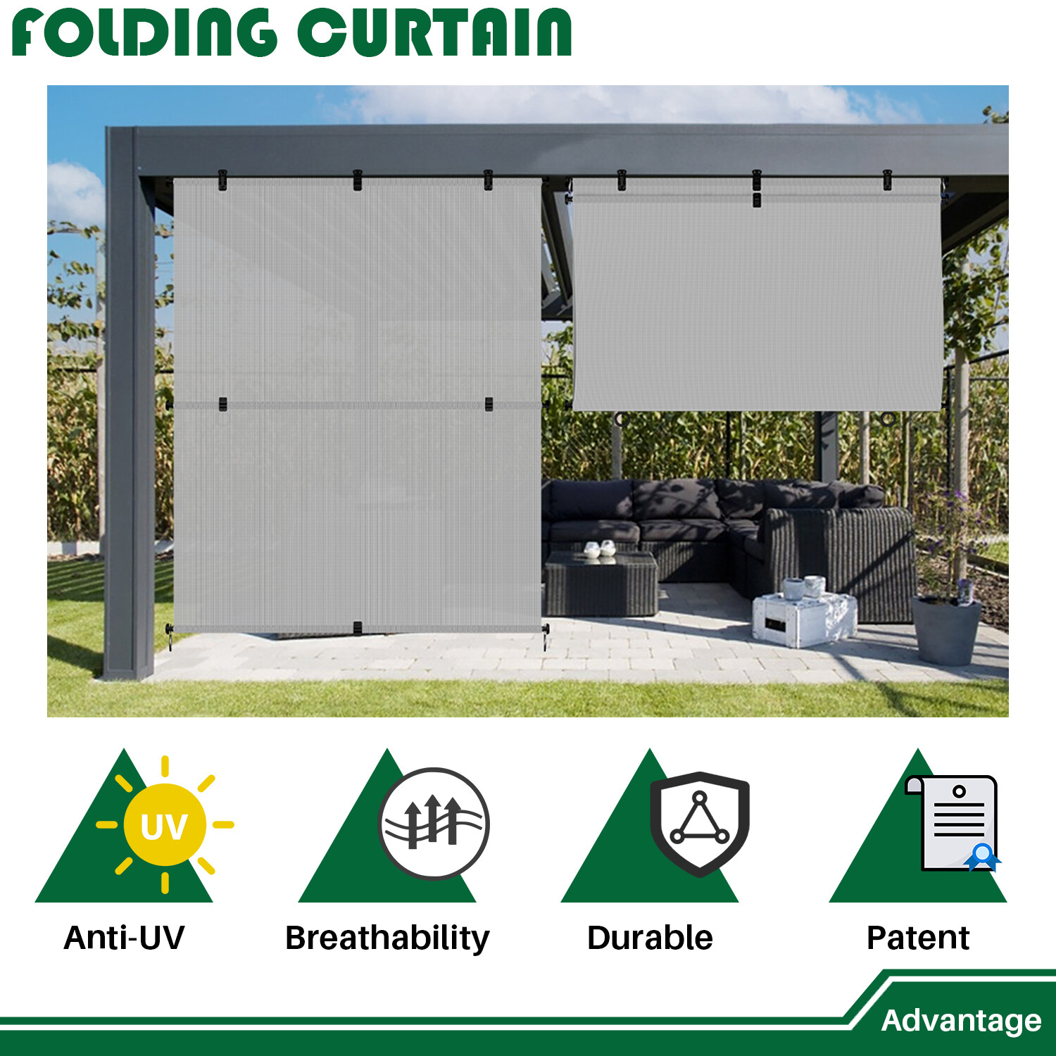 Outdoor Gray Roll up Shade Foldable Curtain For Patio Porch Pergola Balcony
