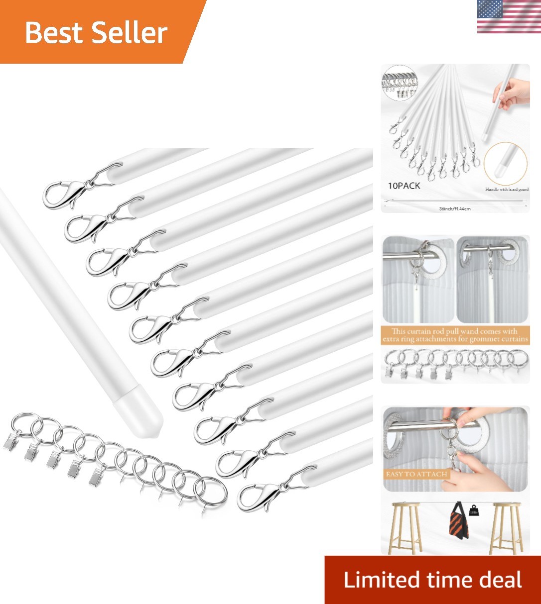 Acrylic Curtain Pull Wands 36 Inch White Drapery Rods Clear Ring Hooks Set of 10