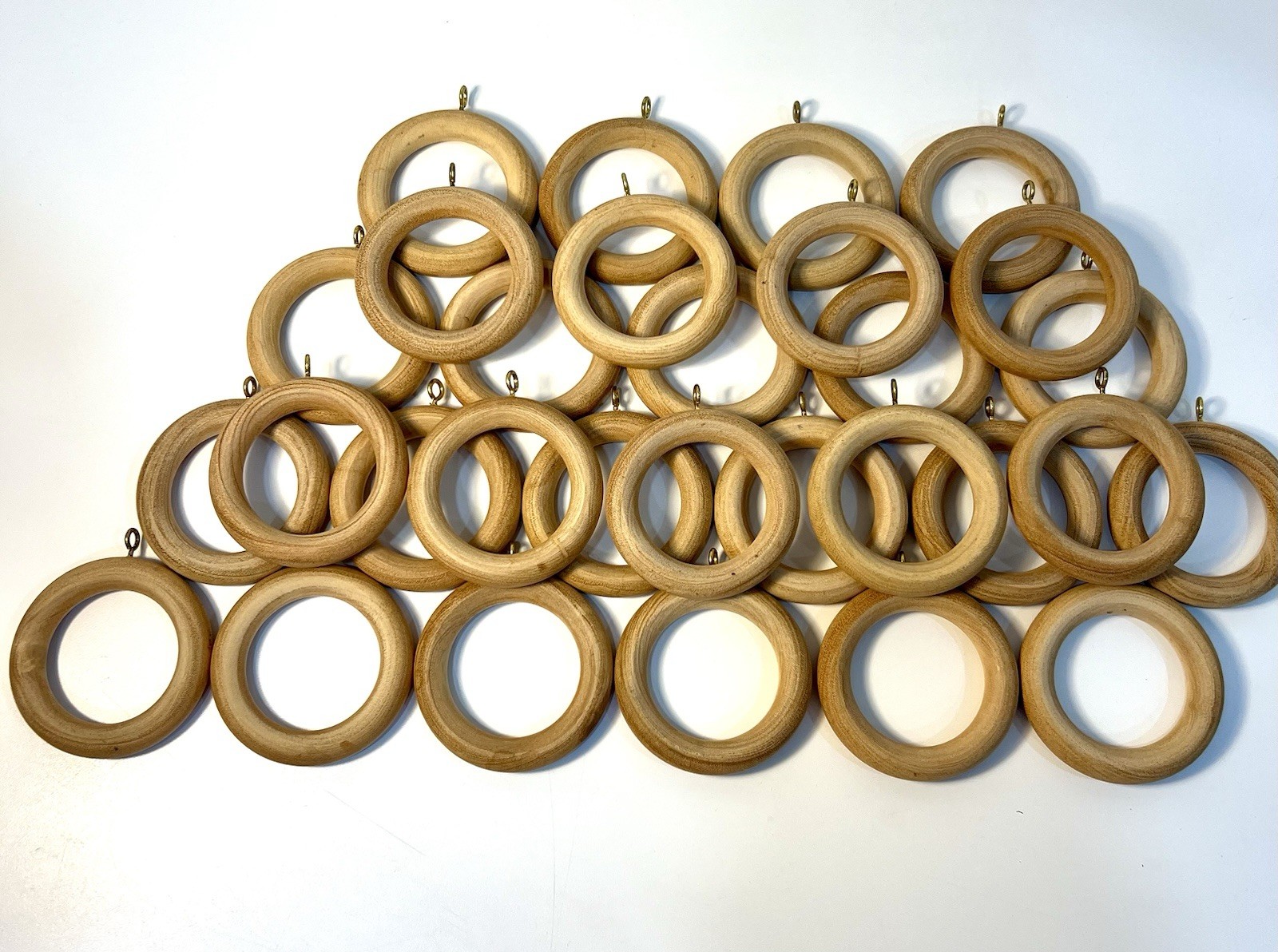 Set Of 30 Natural Wooden Curtain Rings~Gold Eye Hook 2.5” Stainable