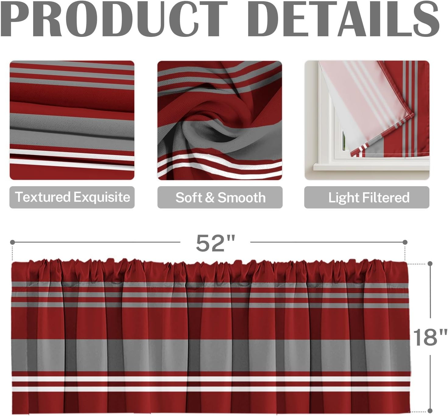 4 Pack Valances Window Treatments, Striped Burgundy Grey Geometric Minimalist Dr