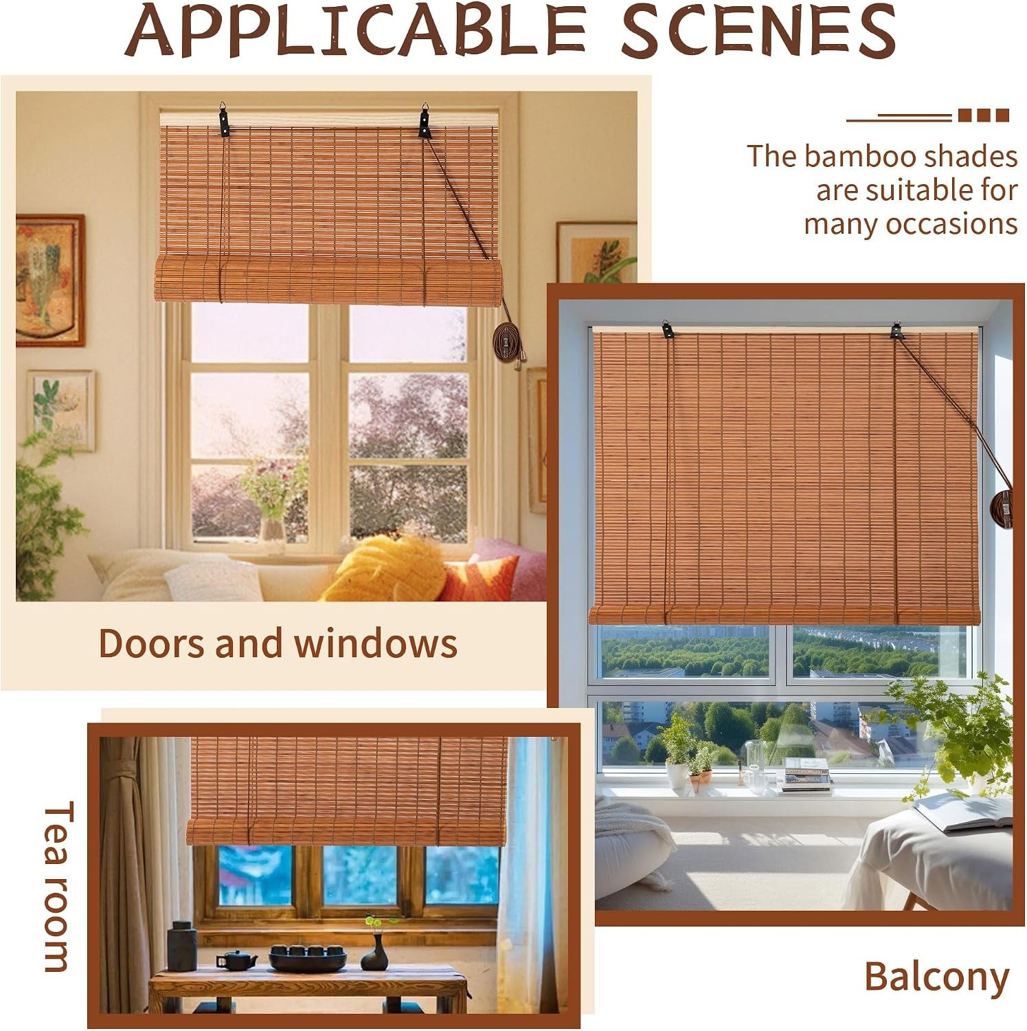 Bamboo Roll Up Shades 60″ W x 72″ L, Artisan-Crafted Light Filtering Blinds,