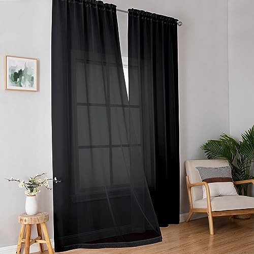 Sheer Curtains 96 Inches Long, Light Filtering 42″W x 96″L (Pack of 2) Black
